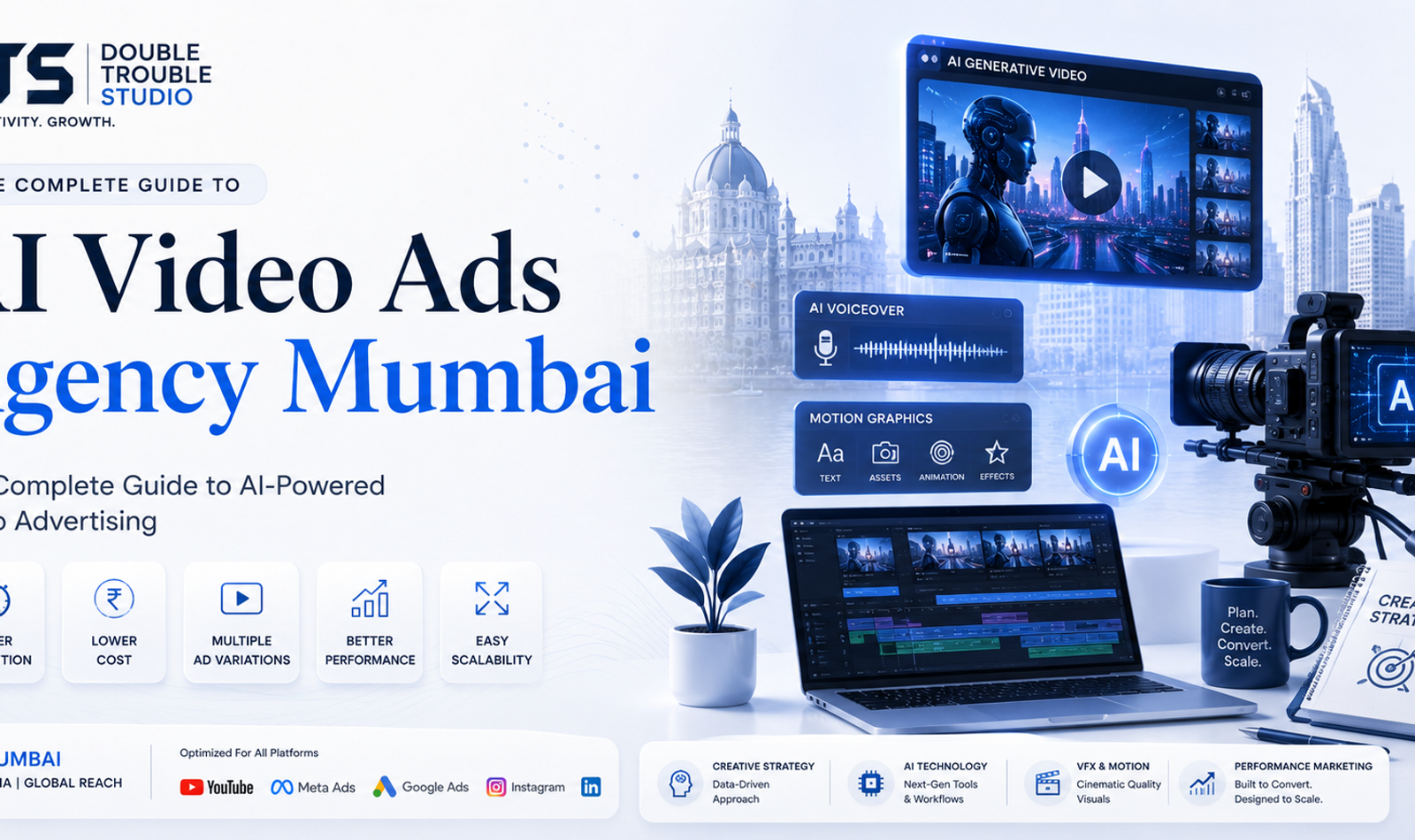 AI Video Ads Agency Mumbai creating AI-powered commercial video advertising for businesses using generative AI, VFX, and motion graphics by Double Trouble Studio