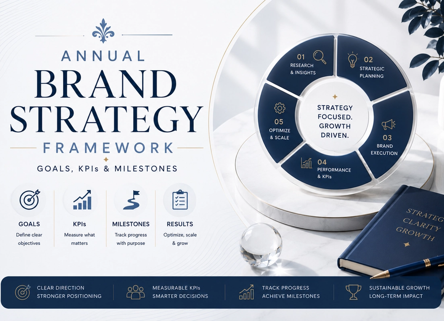 Annual brand strategy framework dashboard showing goals, KPIs, quarterly milestones, marketing, PR and customer experience planning.