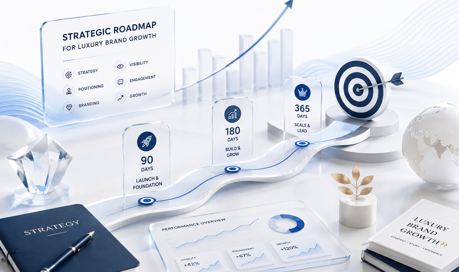 Luxury brand strategy roadmap in India showing positioning, 90-day foundations, annual growth milestones, integrated marketing and KPI measurement.