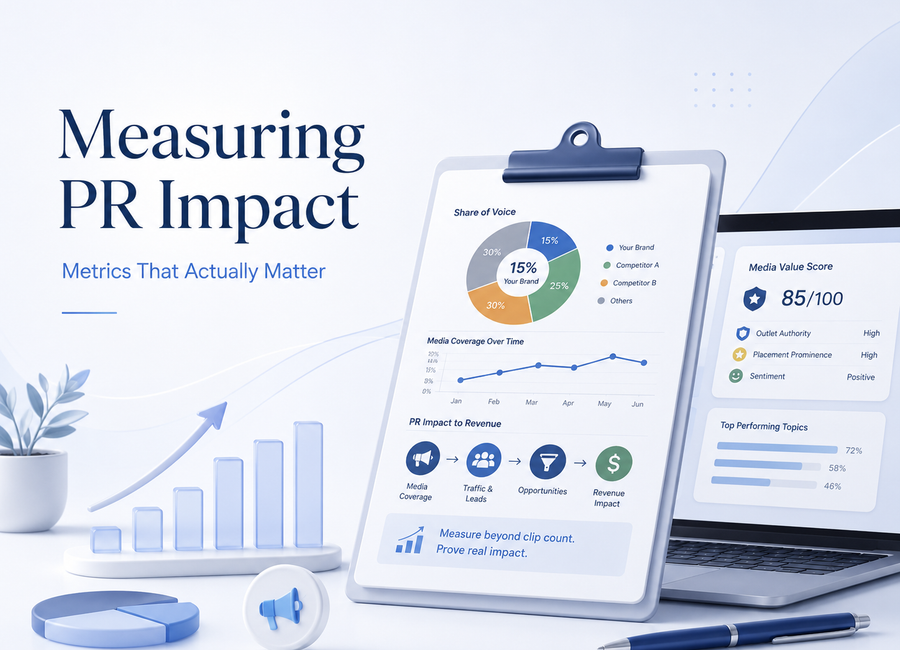 PR team analyzing media coverage reports, share of voice data, and ROI dashboards on a laptop