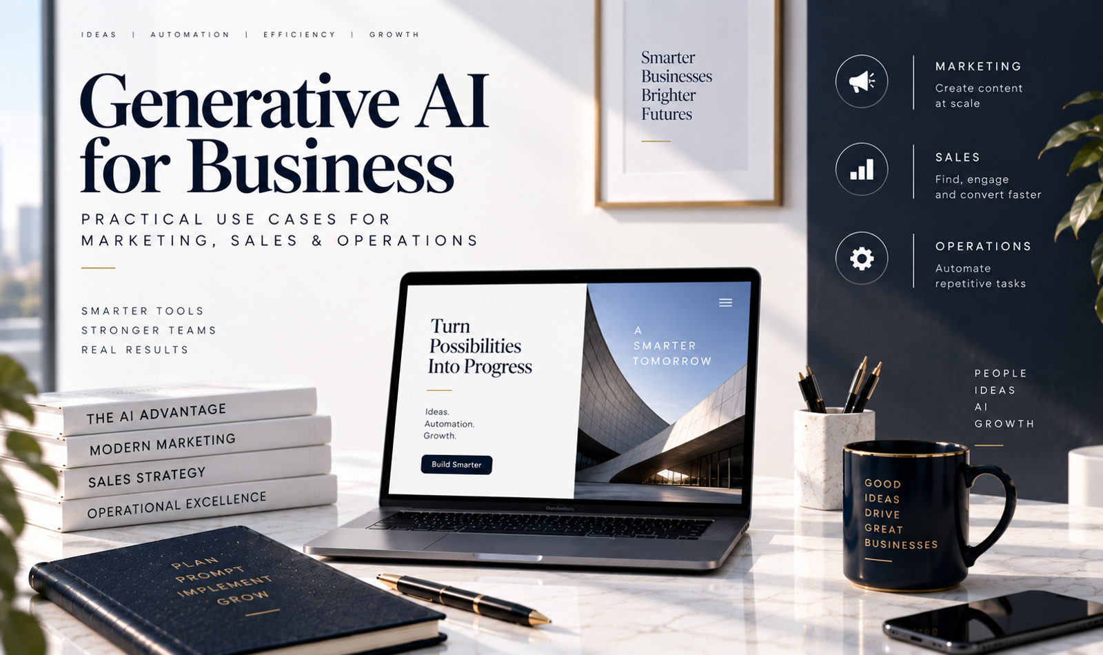 Generative AI for business showing practical applications across marketing, sales, operations, content creation and workflow automation