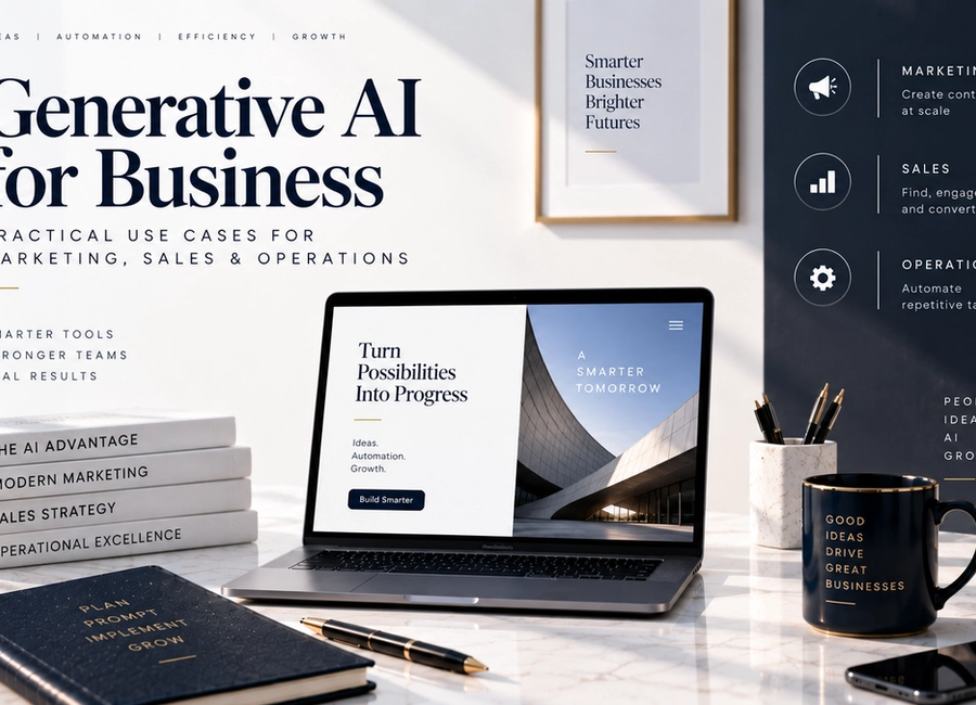 Generative AI for business showing practical applications across marketing, sales, operations, content creation and workflow automation