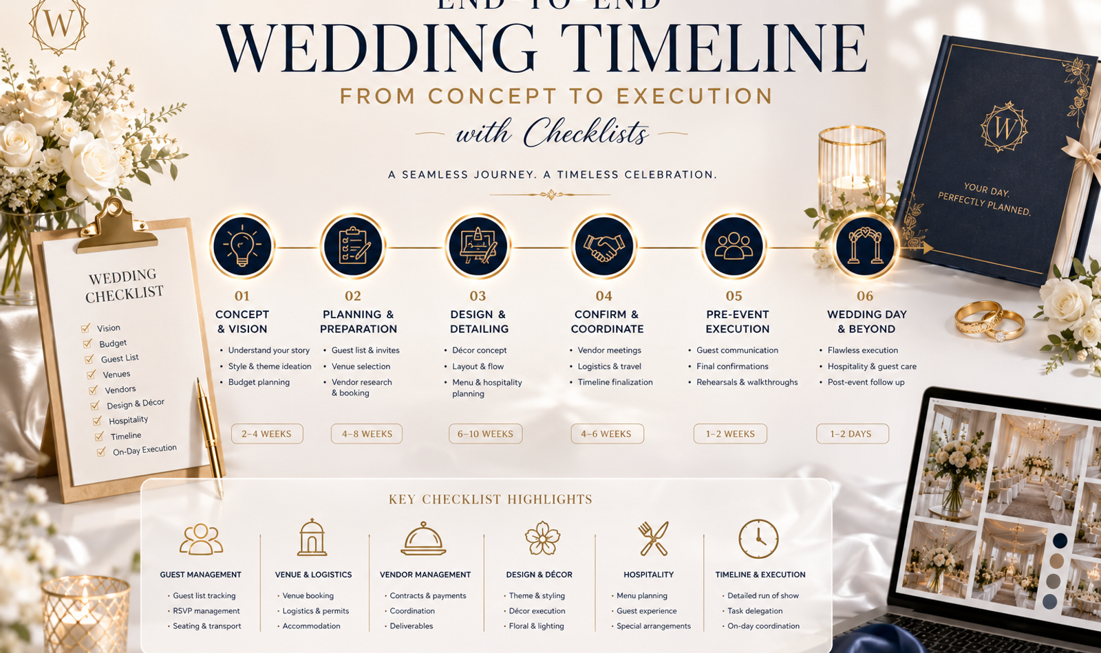 Luxury wedding planning timeline showing concept development, venue booking, guest management, décor, hospitality, production, rehearsals and final wedding execution.