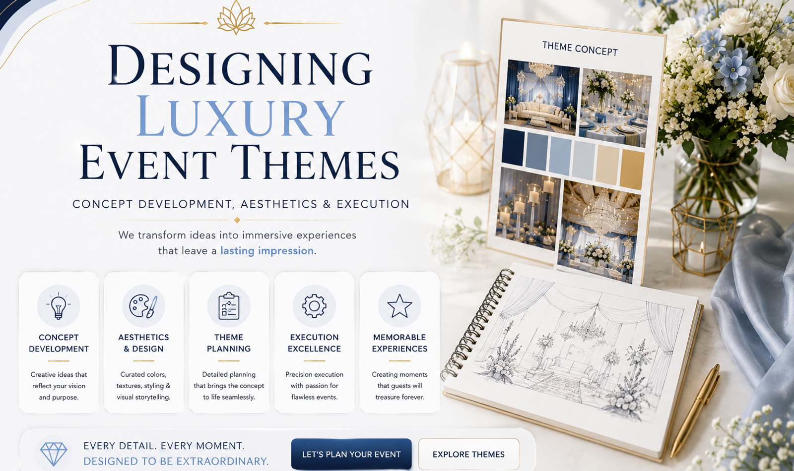 Sustainable luxury event featuring elegant reusable décor, seasonal flowers, warm energy-efficient lighting, natural materials and eco-conscious table styling