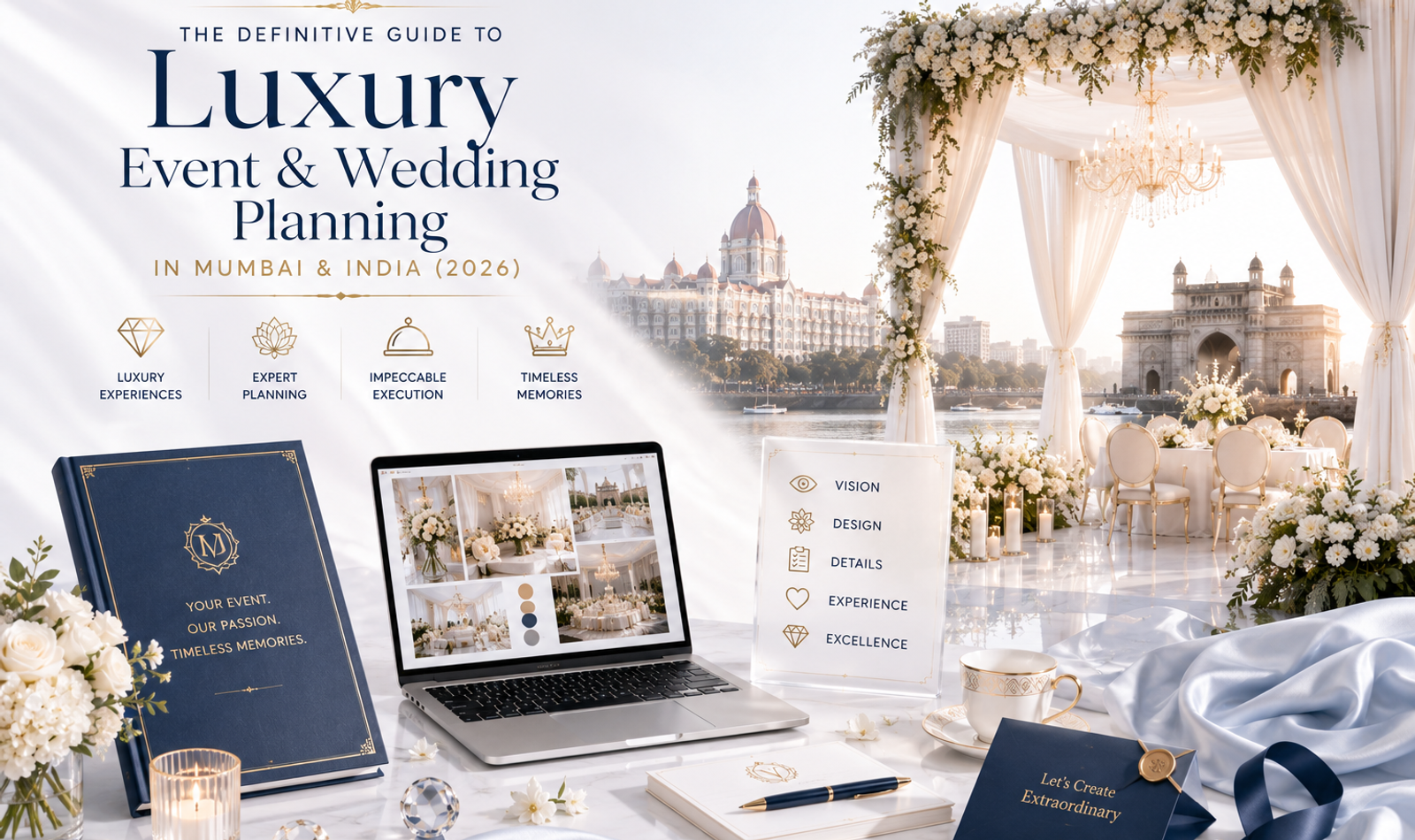 Luxurious Indian wedding and premium event setup in Mumbai featuring elegant floral installations, ballroom lighting, refined table décor and professionally managed guest hospitality.