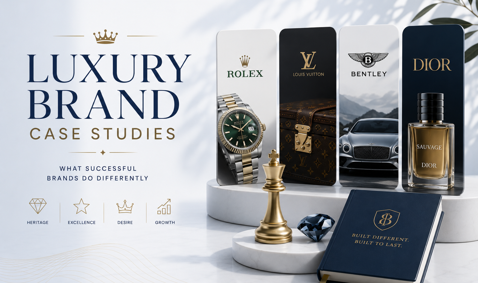 Luxury brand case study board showing heritage, craftsmanship, storytelling, customer experience, pricing power and premium growth strategy.