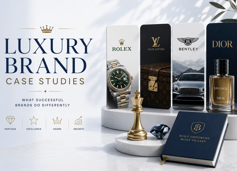 Luxury brand case study board showing heritage, craftsmanship, storytelling, customer experience, pricing power and premium growth strategy.