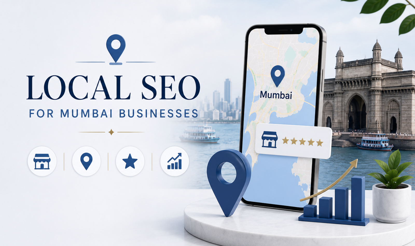 Local SEO dashboard for Mumbai businesses showing Google Maps ranking, business profile, reviews, local keywords, website traffic and AI search visibility.