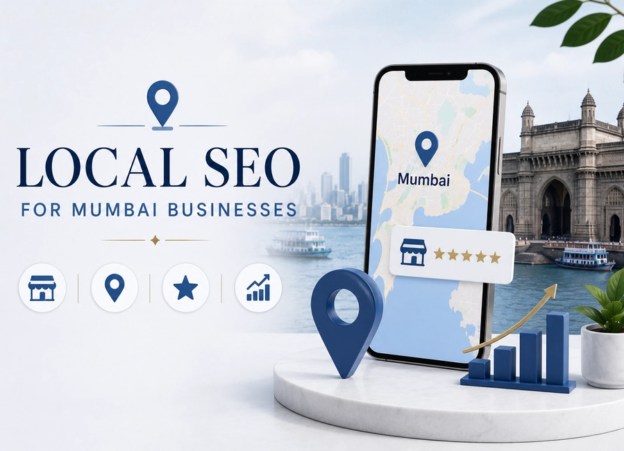 Local SEO dashboard for Mumbai businesses showing Google Maps ranking, business profile, reviews, local keywords, website traffic and AI search visibility.