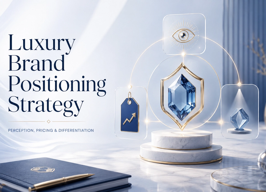 Luxury brand positioning strategy board showing perception, premium pricing, differentiation, customer experience and trust signals.