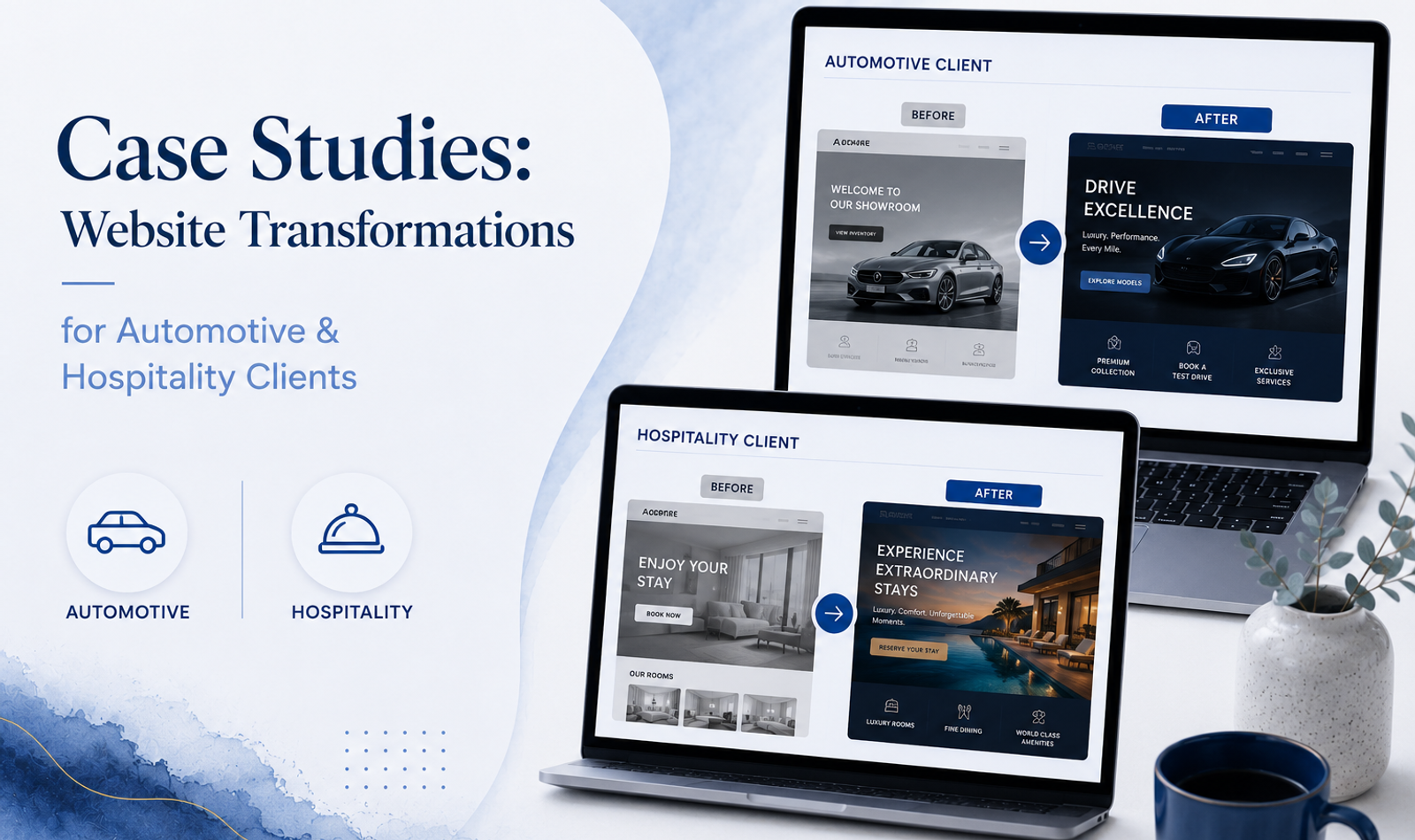 Website transformations for automotive and hospitality brands showing premium responsive web design and digital customer experience