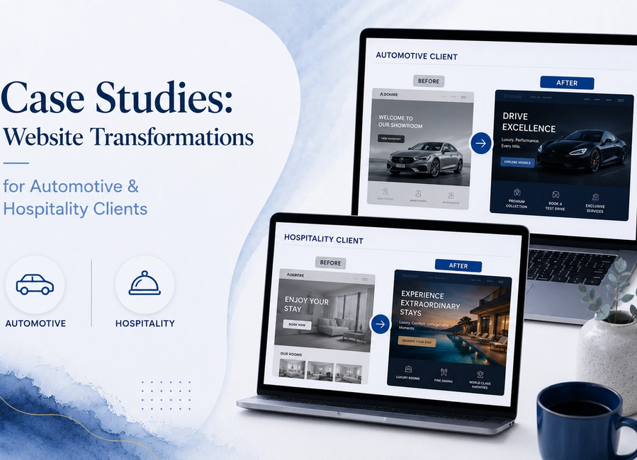 Website transformations for automotive and hospitality brands showing premium responsive web design and digital customer experience
