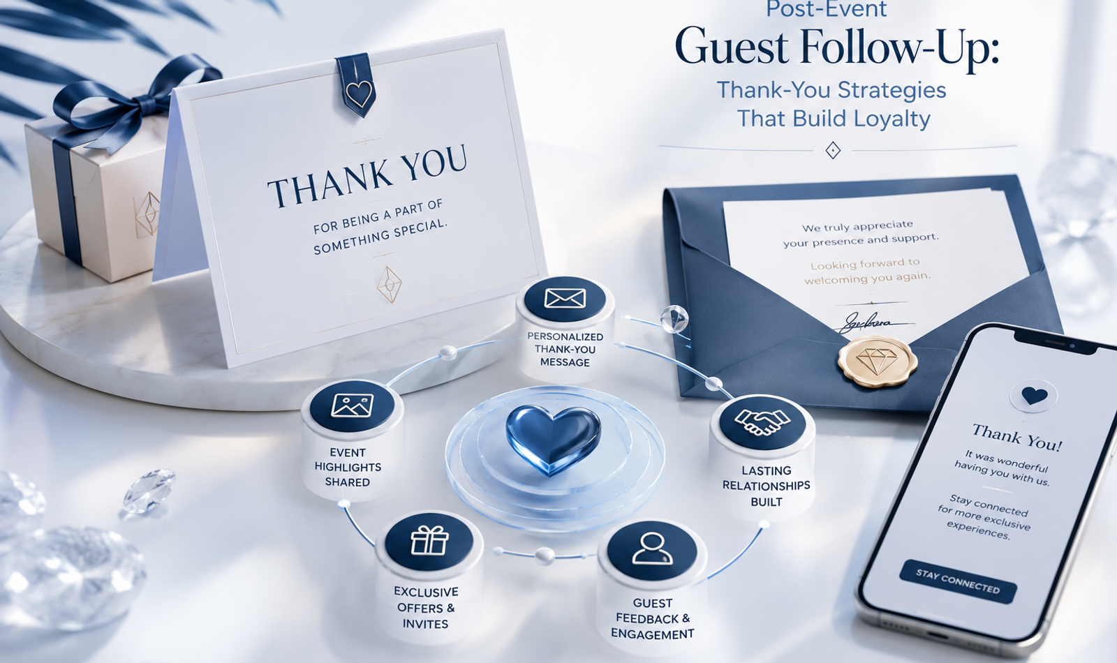 Post-event guest follow-up journey showing personalised thank-you messages, private content sharing, feedback and relationship building.