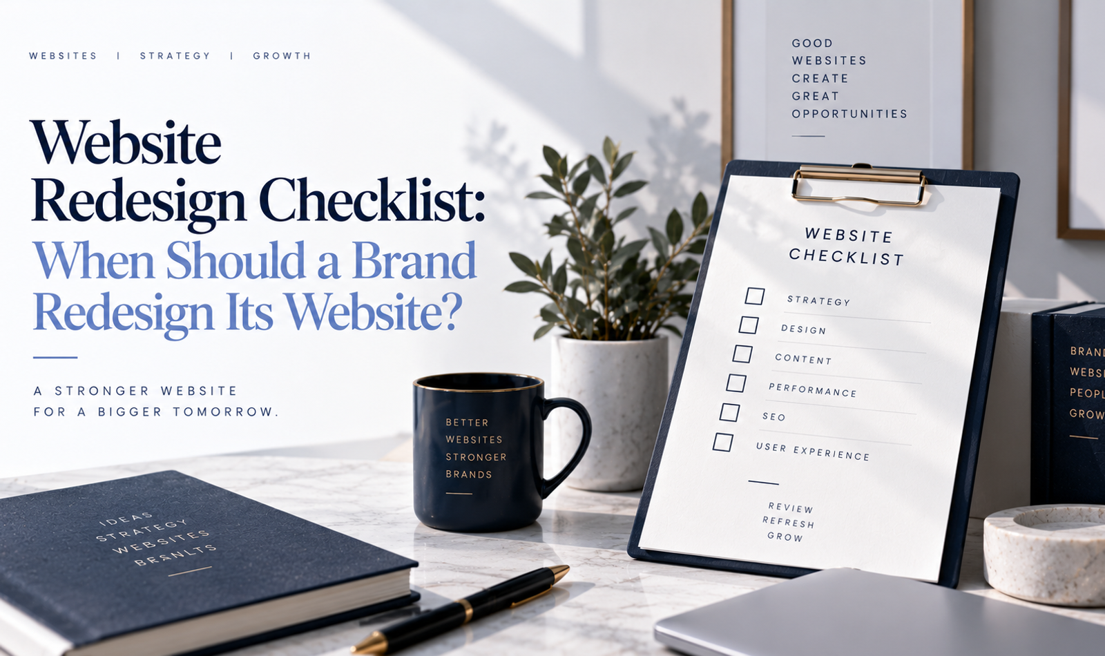 Website redesign checklist showing an outdated website transformed into a modern responsive and conversion-focused brand website