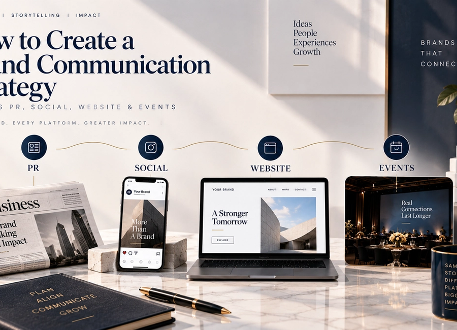 Brand communication strategy connecting PR, social media, website and events through consistent brand messaging