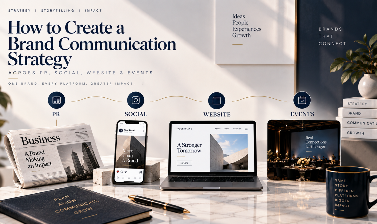 Brand communication strategy connecting PR, social media, website and events through consistent brand messaging