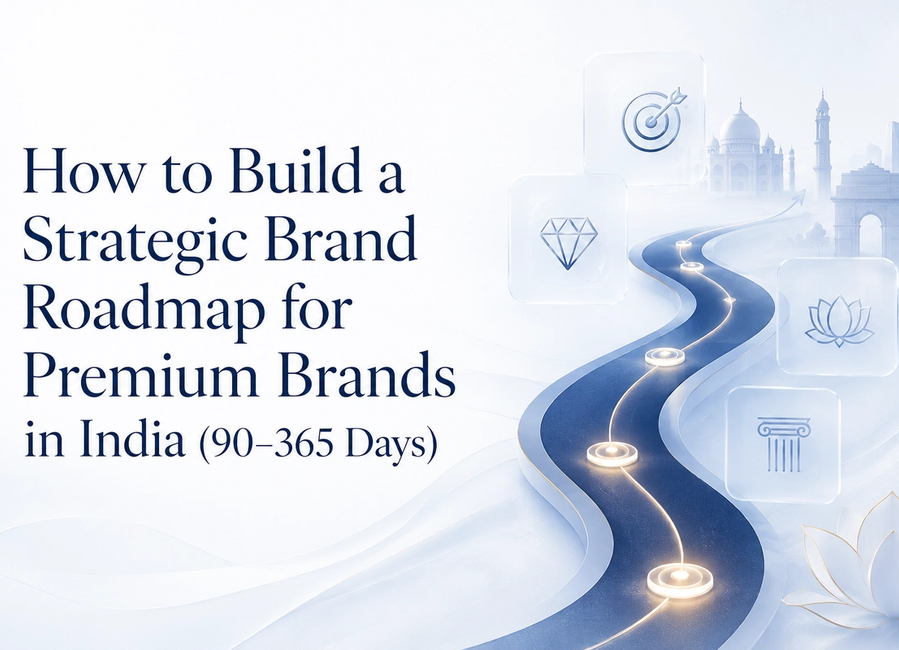 Strategic brand roadmap for premium brands in India showing 90-day, 180-day, 270-day and 365-day stages for positioning, identity, marketing and growth.