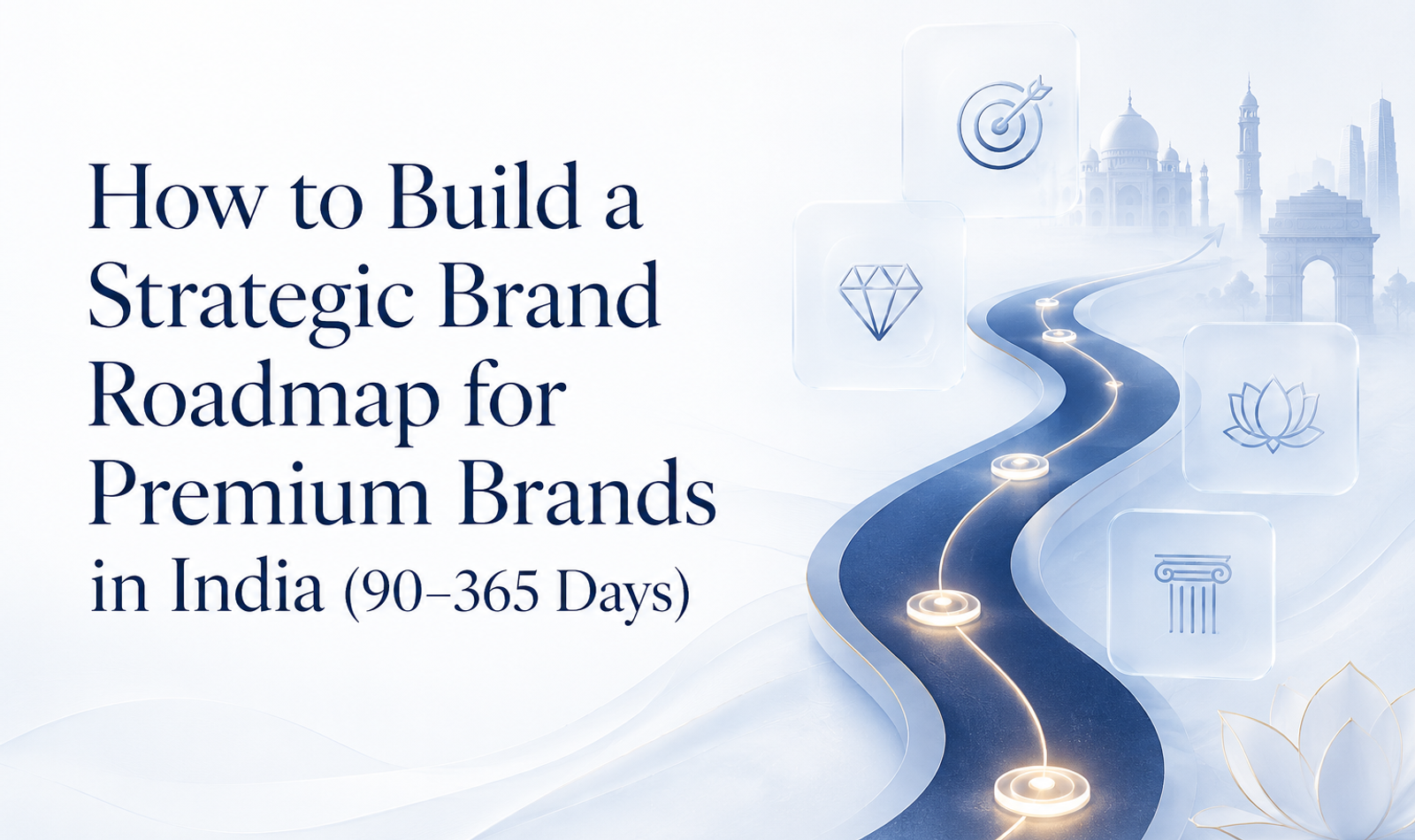 Strategic brand roadmap for premium brands in India showing 90-day, 180-day, 270-day and 365-day stages for positioning, identity, marketing and growth.