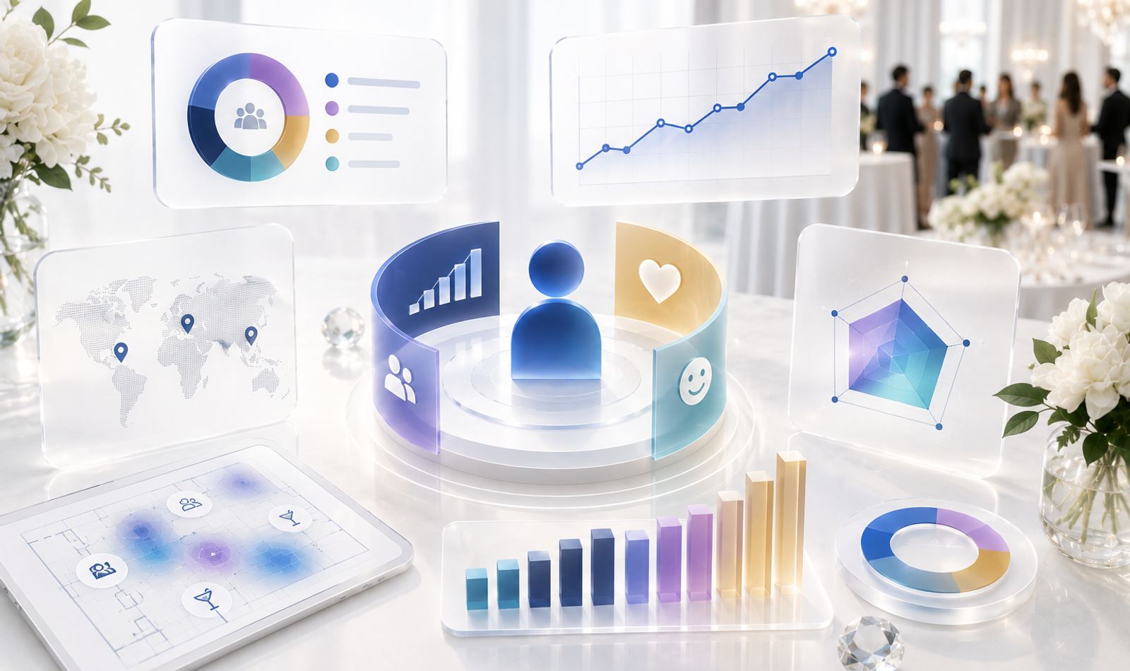 Luxury event analytics dashboard displaying guest attendance, engagement levels, satisfaction scores, VIP activity and event experience insights.