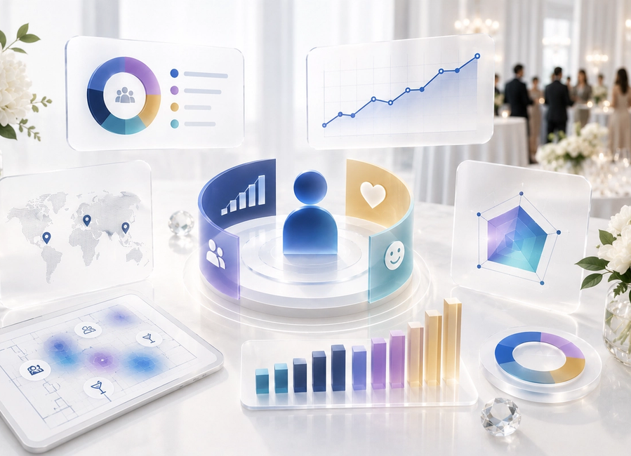 Luxury event analytics dashboard displaying guest attendance, engagement levels, satisfaction scores, VIP activity and event experience insights.