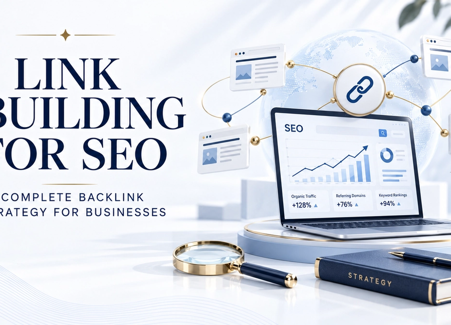 Link building for SEO illustration showing high-quality backlinks, connected websites, digital PR outreach and organic search visibility strategy.  Copy alt text