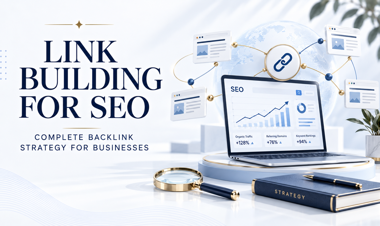 Link building for SEO illustration showing high-quality backlinks, connected websites, digital PR outreach and organic search visibility strategy. Copy alt text