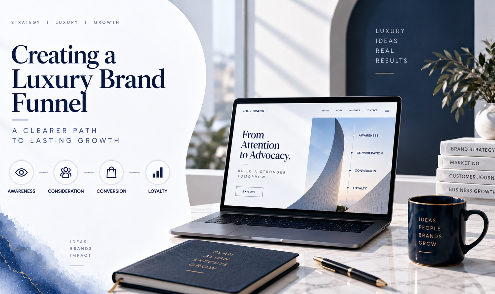 Luxury brand funnel showing awareness, consideration, trust, engagement and conversion stages
