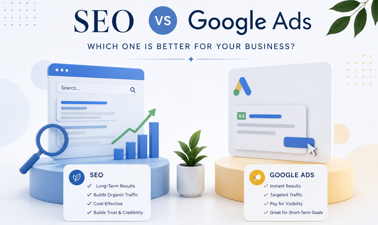 SEO vs Google Ads comparison dashboard showing organic rankings, paid ads, keyword strategy, lead generation, ROI and business growth.
