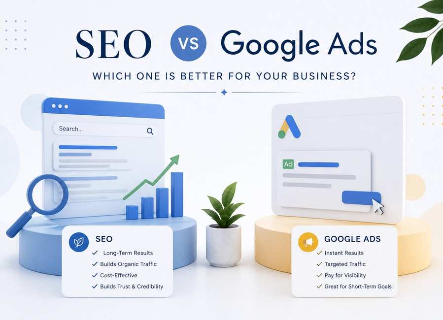 SEO vs Google Ads comparison dashboard showing organic rankings, paid ads, keyword strategy, lead generation, ROI and business growth.