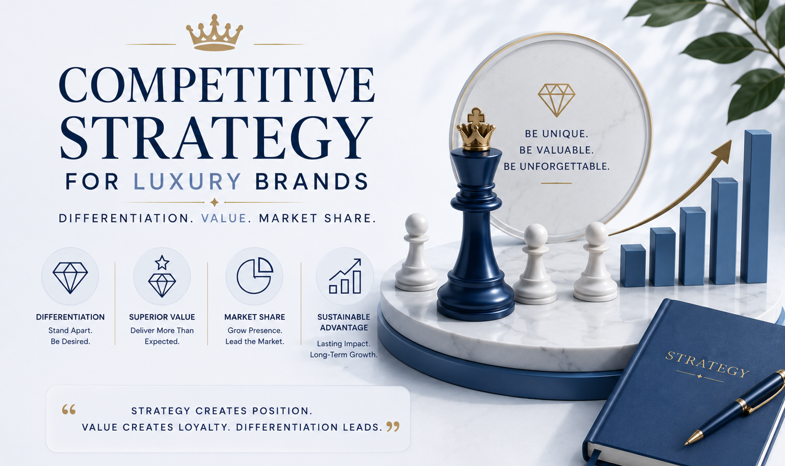 Luxury brand competitive strategy board showing differentiation, value creation, customer positioning and market share growth.