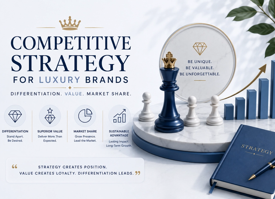 Luxury brand competitive strategy board showing differentiation, value creation, customer positioning and market share growth.