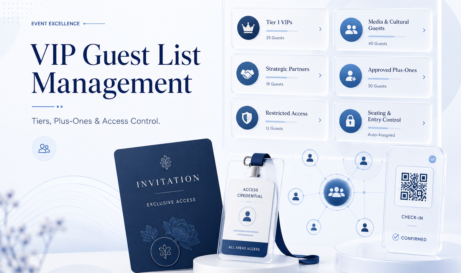 VIP guest list management system showing guest tiers, approved plus-ones, access control, seating and event entry coordination.
