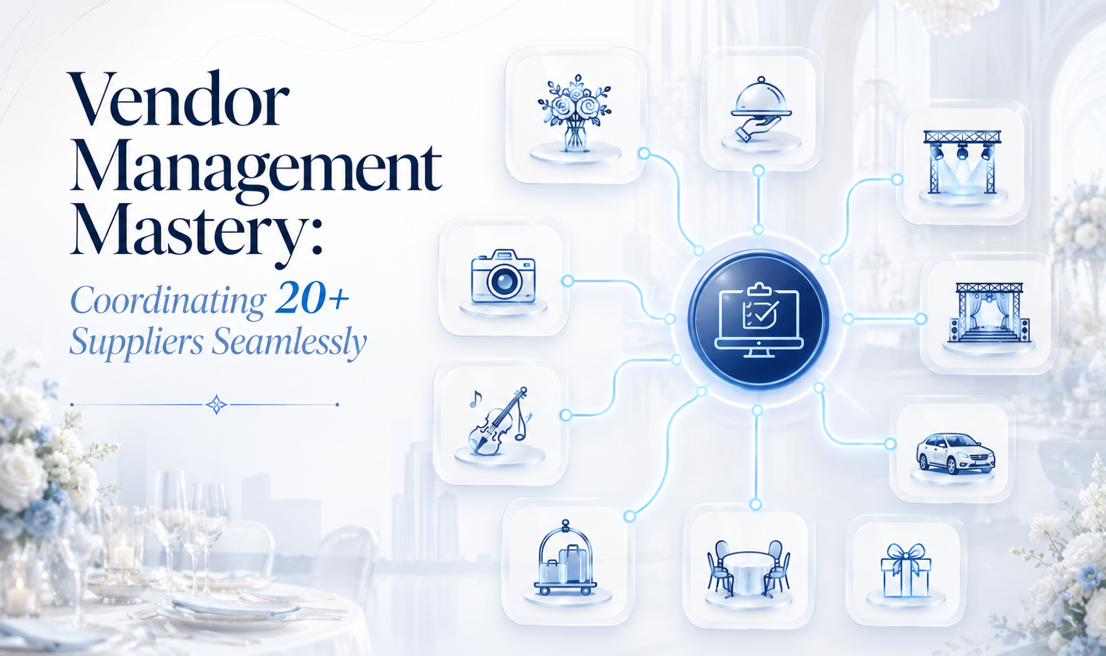 Luxury event management team coordinating multiple suppliers through vendor schedules, production plans, budgets, communication systems and on-ground execution.