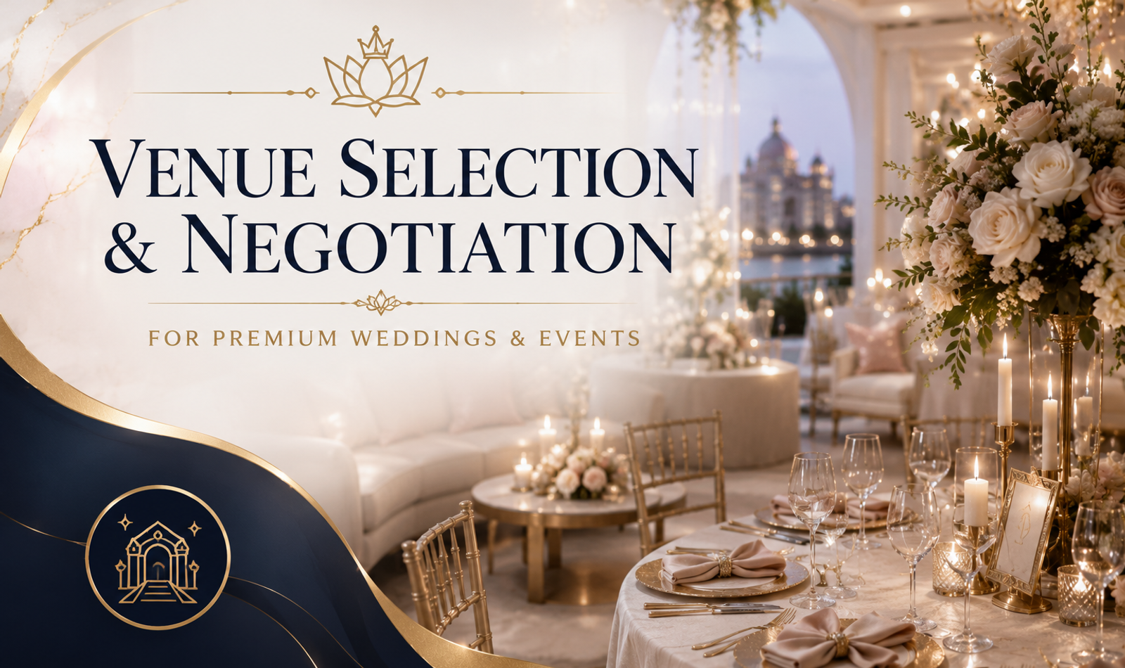 Luxury wedding and event planning team comparing premium venues, reviewing floor plans, contracts, guest capacity, décor potential and venue pricing.