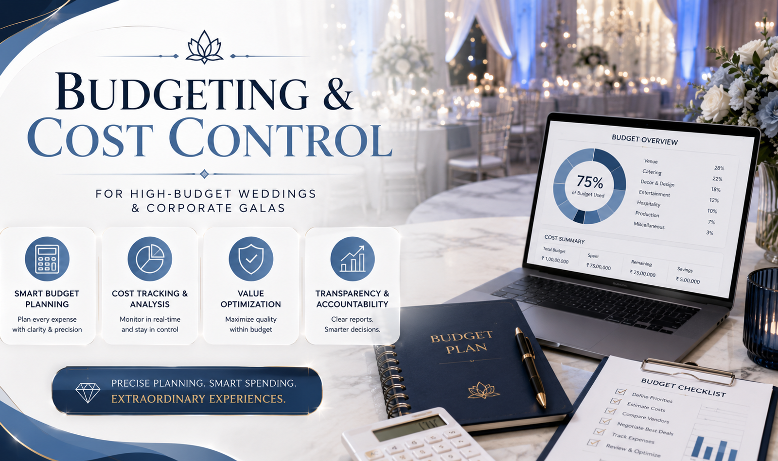 Luxury event planning team reviewing a detailed wedding and corporate gala budget with vendor quotations, cost allocations, payment schedules and financial dashboards.