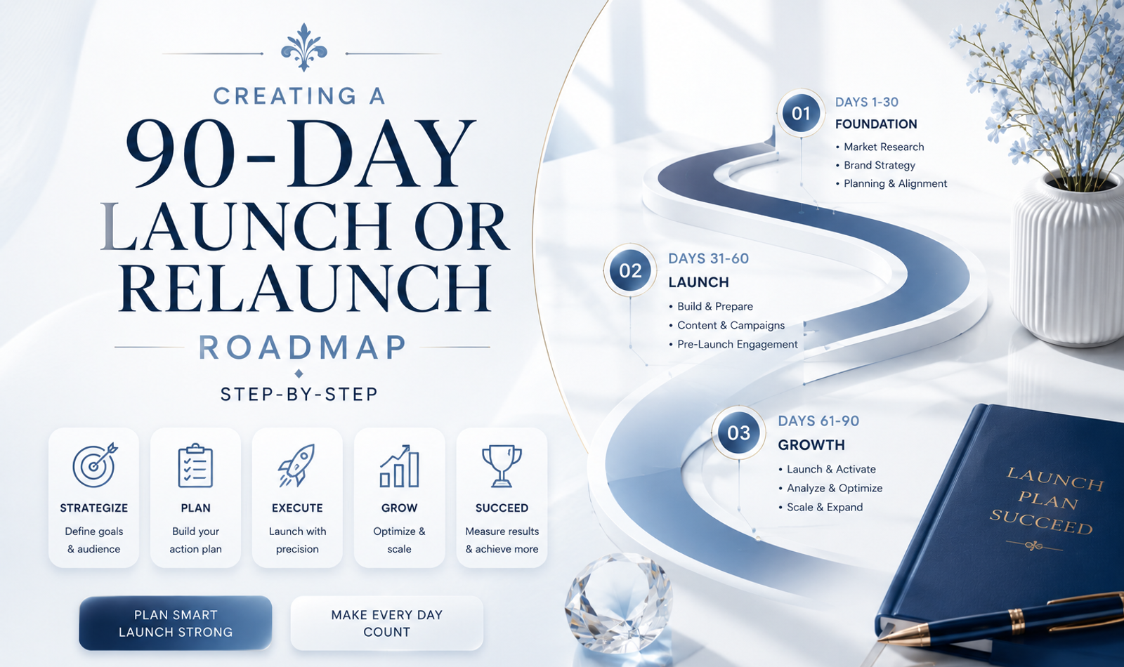 A 90-day launch roadmap board for a premium brand showing strategy, website, content, PR, marketing and customer experience milestones.
