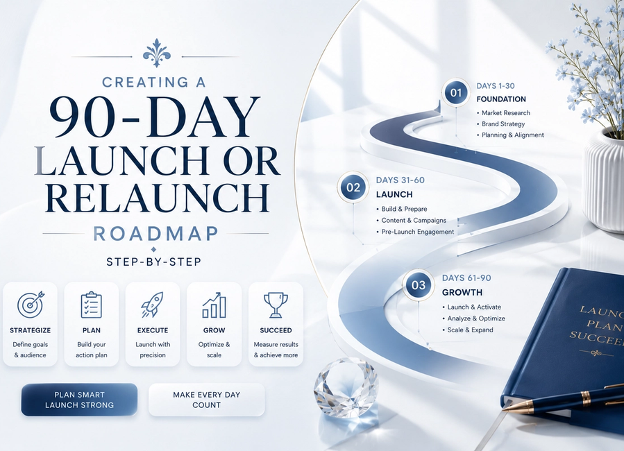 A 90-day launch roadmap board for a premium brand showing strategy, website, content, PR, marketing and customer experience milestones.