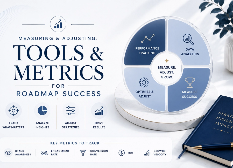 Premium brand roadmap analytics dashboard showing KPIs, metrics, performance tools, growth milestones and adjustment indicators.