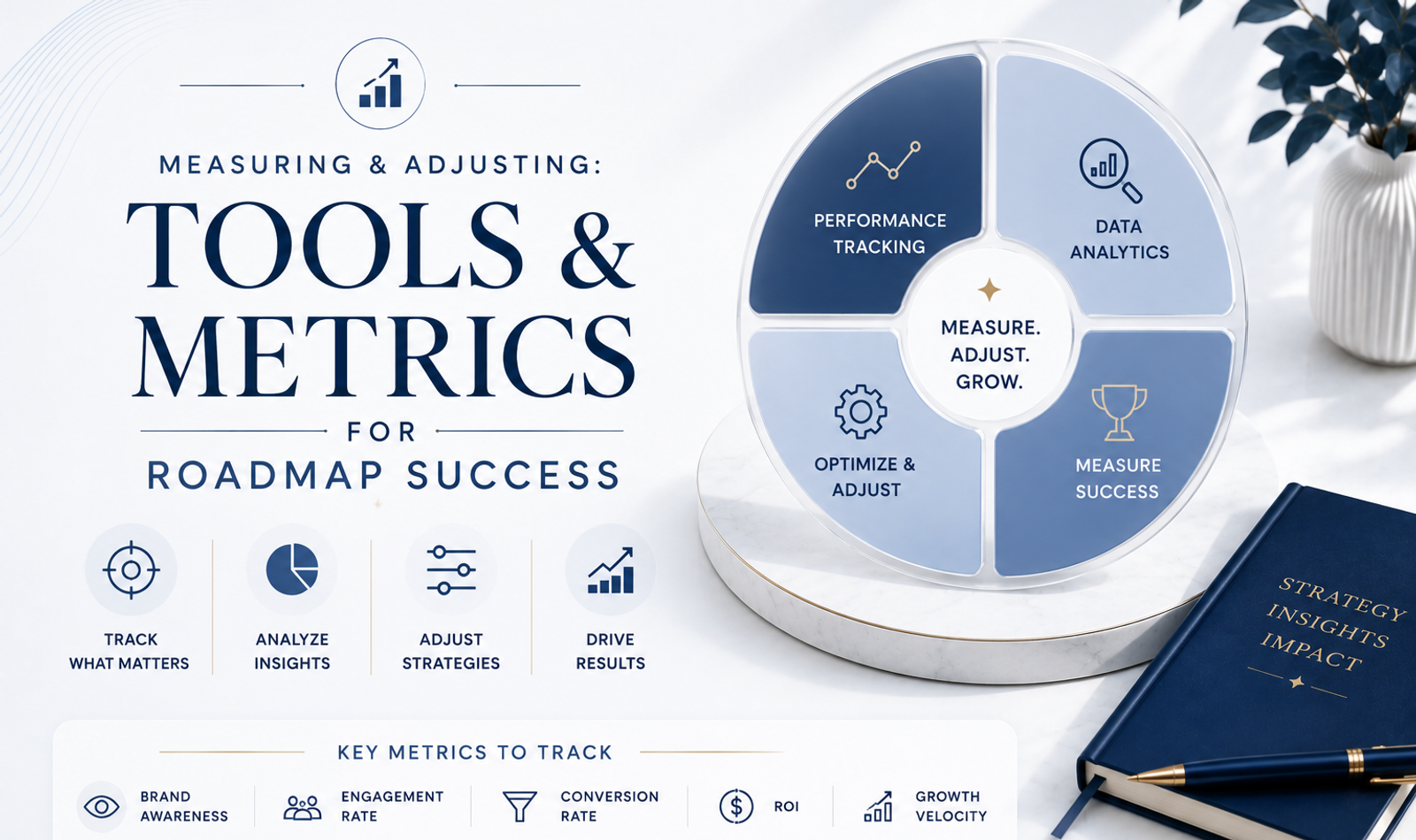 Premium brand roadmap analytics dashboard showing KPIs, metrics, performance tools, growth milestones and adjustment indicators.