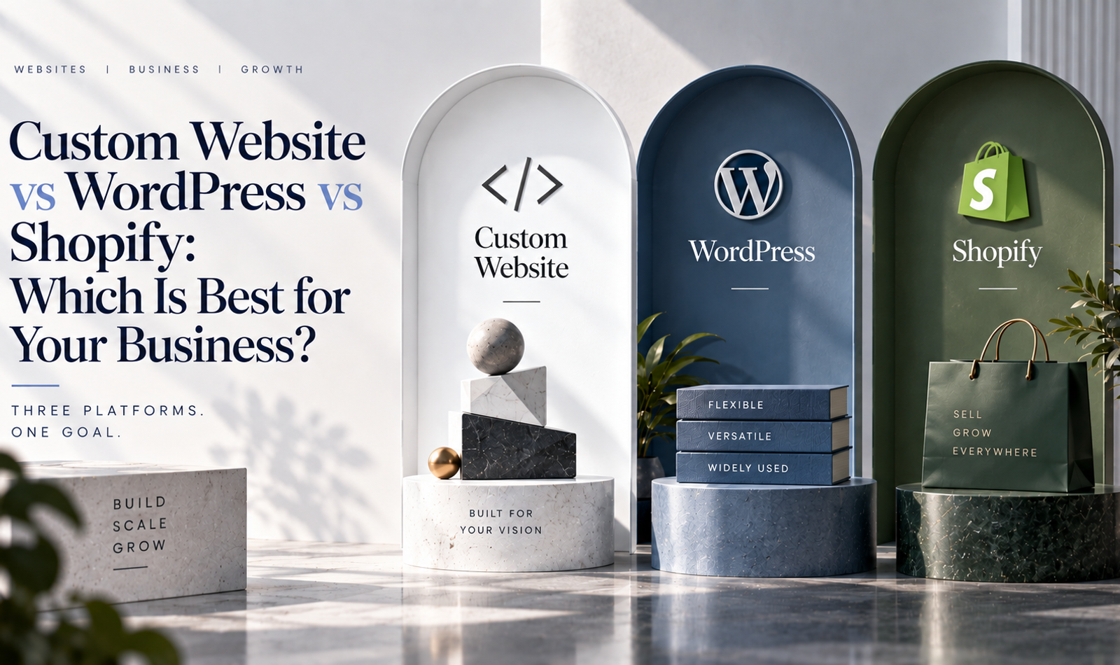 Custom website vs WordPress vs Shopify comparison for choosing the best website platform for a business