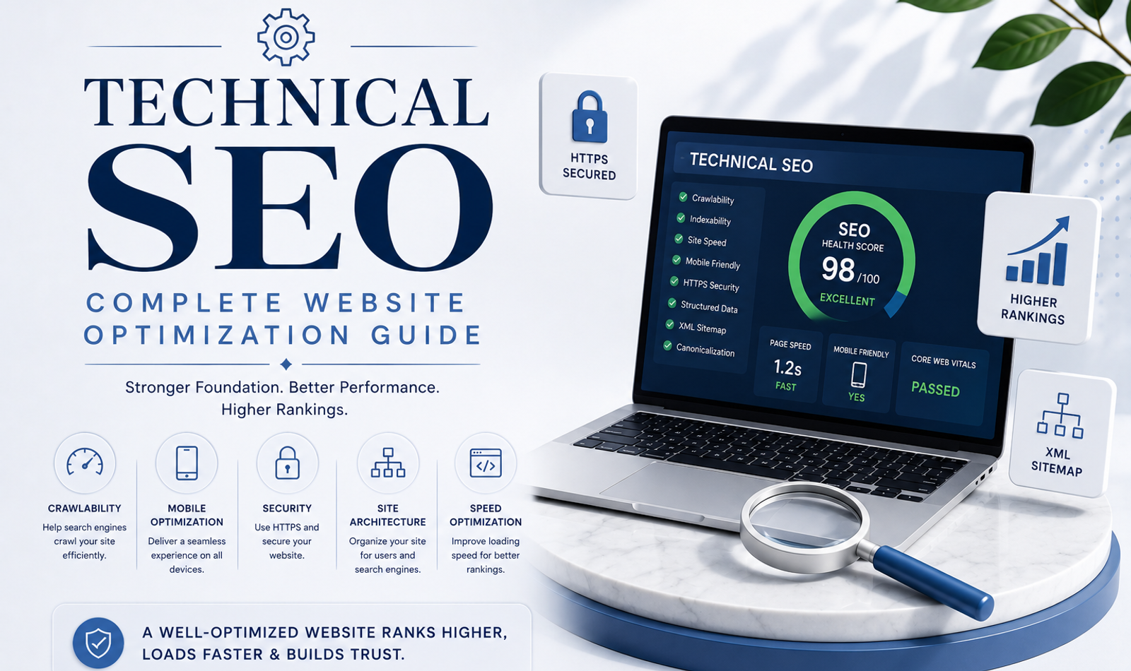 Technical SEO dashboard showing crawlability, indexing, Core Web Vitals, schema markup, mobile optimization, sitemap and website performance.