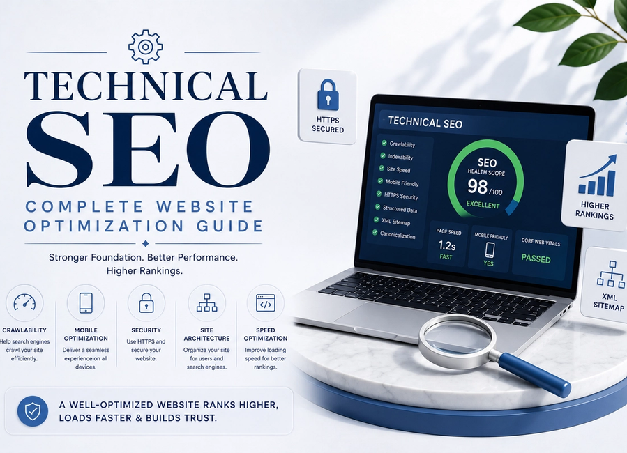 Technical SEO dashboard showing crawlability, indexing, Core Web Vitals, schema markup, mobile optimization, sitemap and website performance.