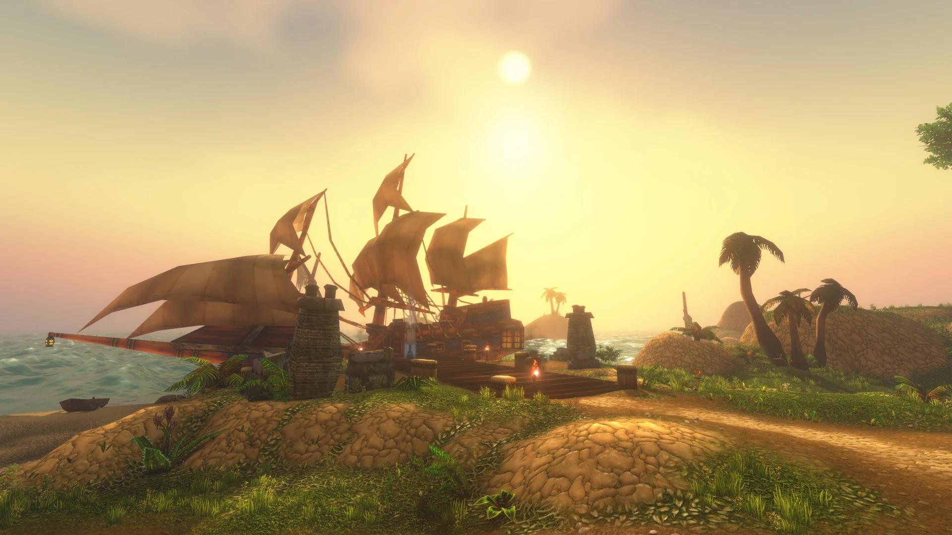 A sailing ship in a sunlit island harbor