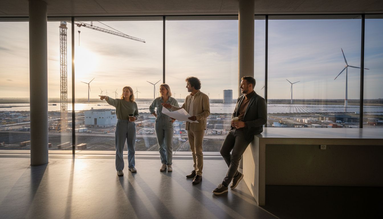 Team of bridge builders in an industry environment
