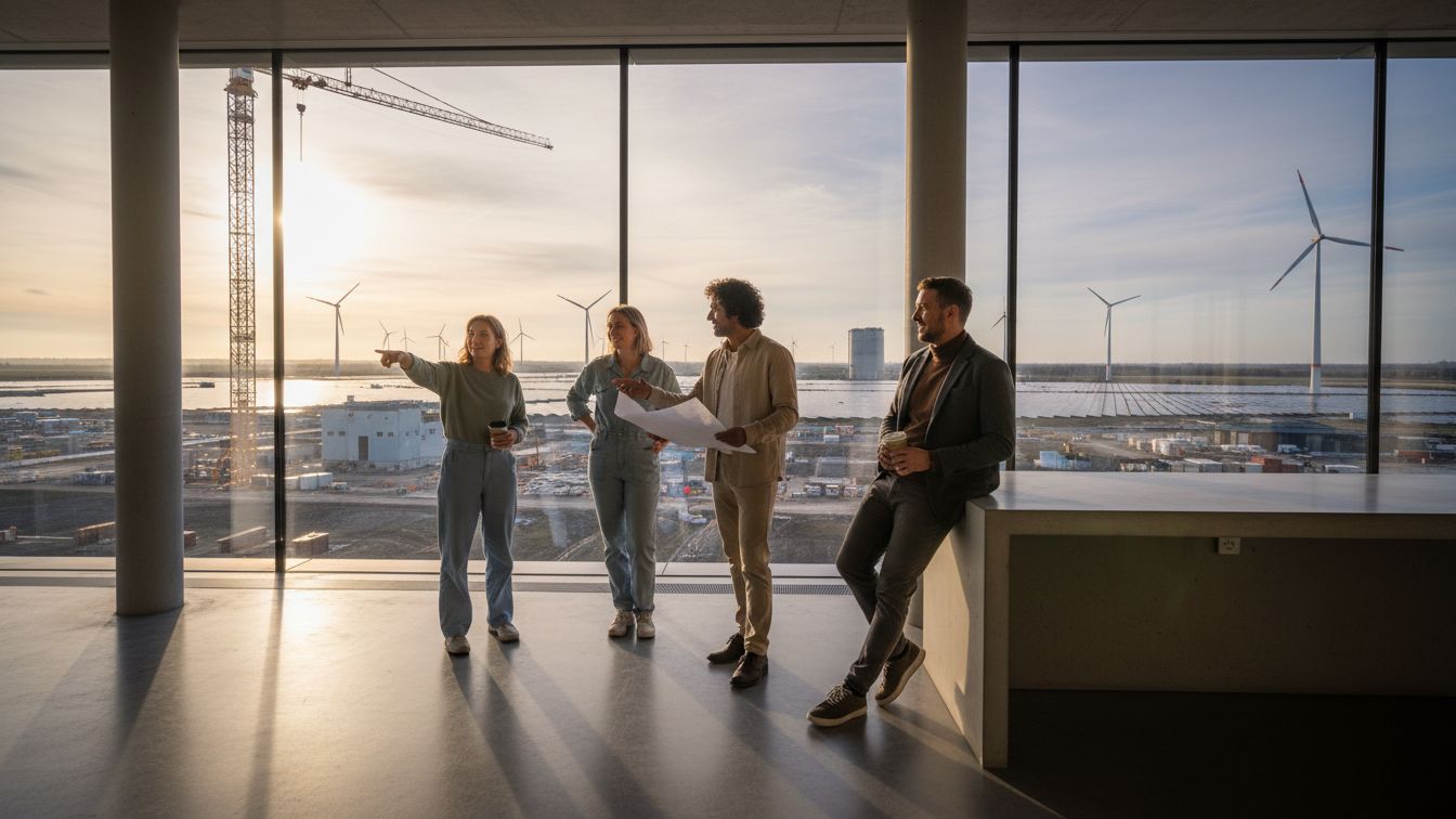 Team of bridge builders in an industry environment