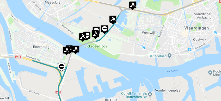Kaart Rotterdam havengebied met infrastructuurwerkzaamheden - A15, A20 verbindingen en omgevingsmanagement
