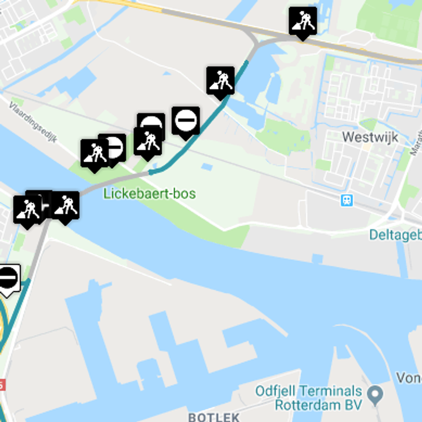 Kaart Rotterdam havengebied met infrastructuurwerkzaamheden - A15, A20 verbindingen en omgevingsmanagement