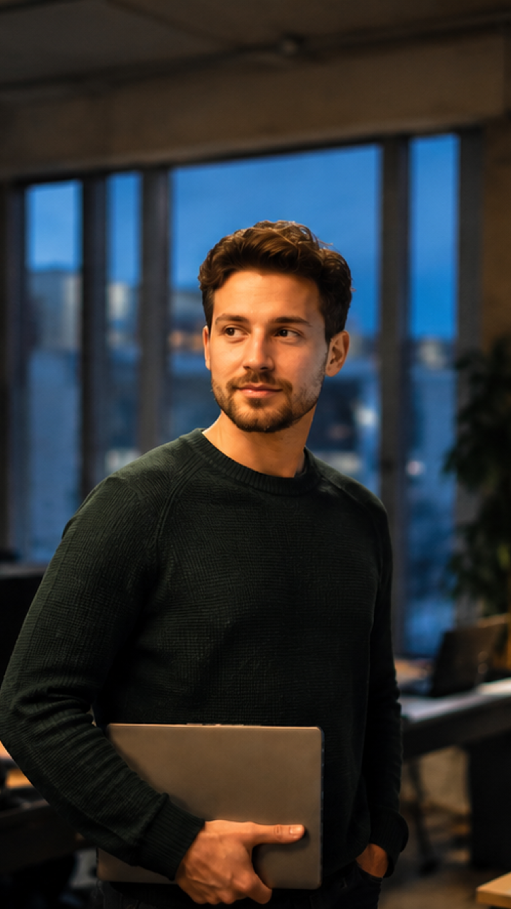 IT professional in modern kantoor bij schemering