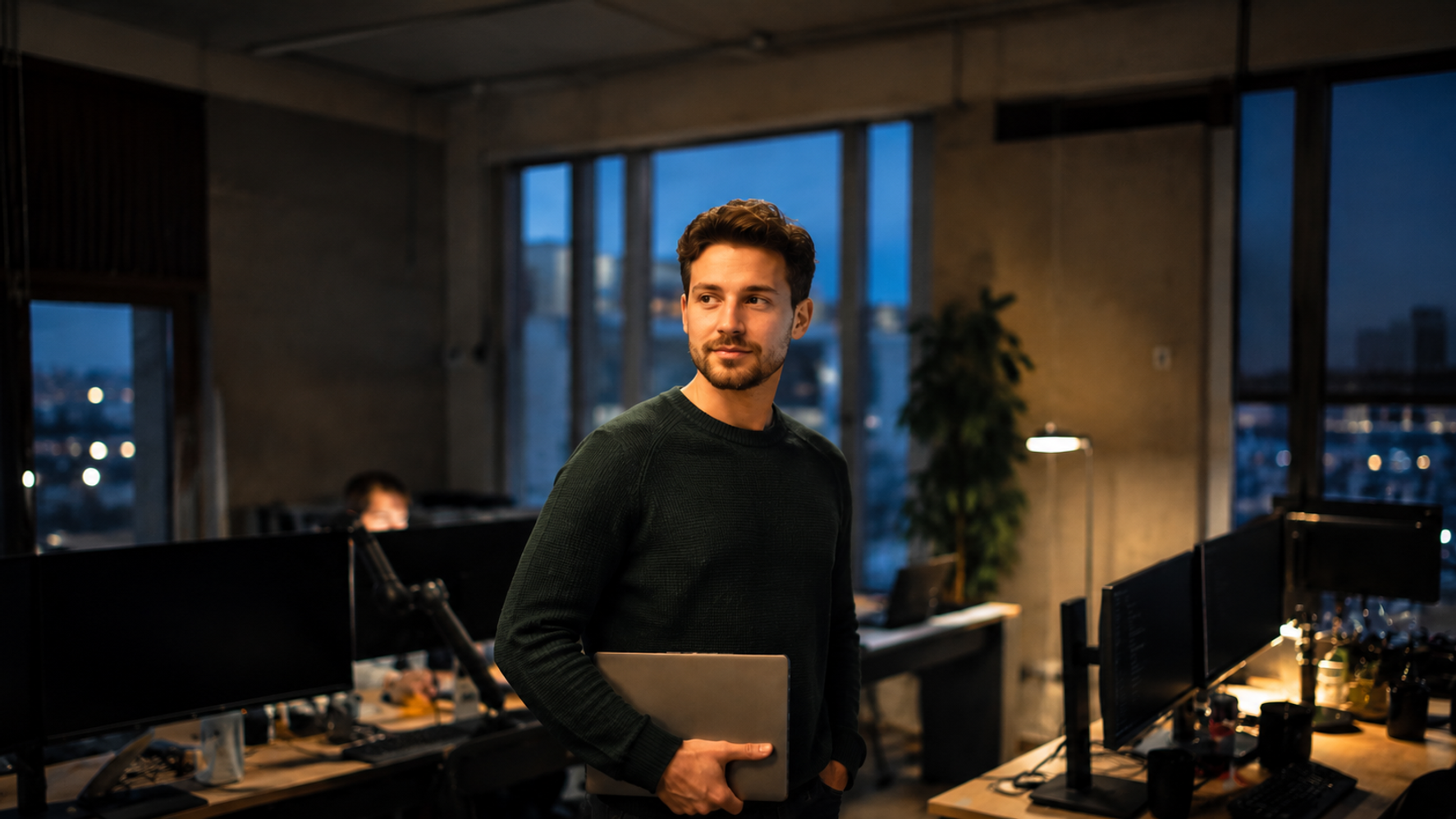 IT professional in modern kantoor bij schemering