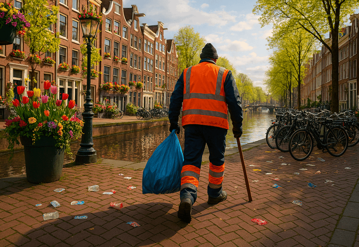 Stadsreiniger in oranje reflecterende kleding loopt met een afvalzak en prikstok langs een gracht in Amsterdam, omgeven door fietsen, bloemen en grachtenpanden.